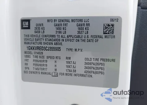 2012 GMC Acadia Slt-1 from USA, damaged, VIN 1GKKVRED3CJ355905